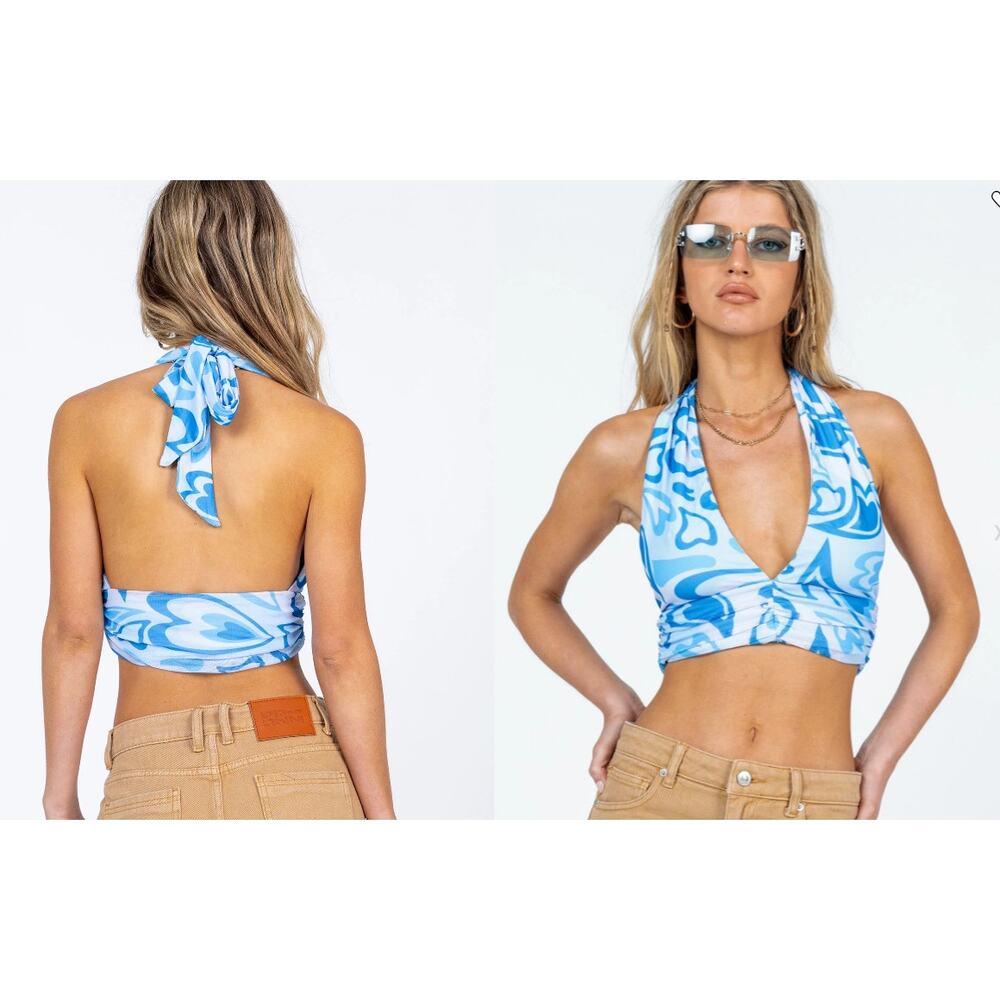 Princess Polly Blue & White Heart-Print Halter Crop Top